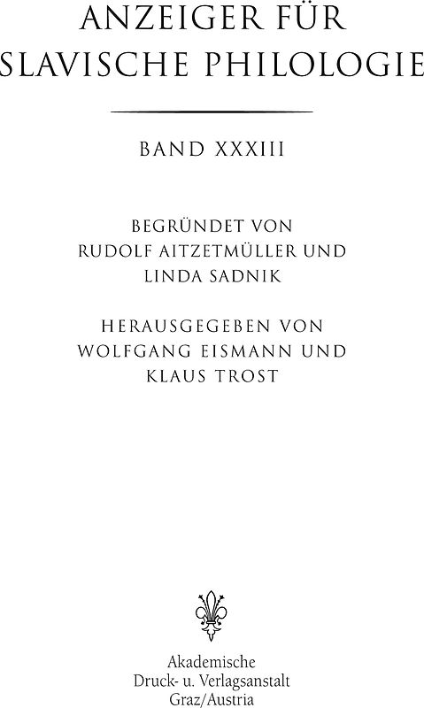 Anzeiger für Slavische Philologie / Anzeiger für Slavische Philologie