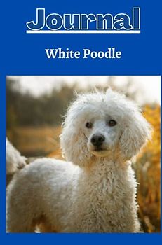 White poodle dog journal with a cobalt blue background