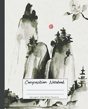 Composition Notebook: Sumi e notebook. Wide ruled beautiful ink wash style Japanese minimalist black and white watercolor illustration. Wide ruled aesthetic composition notebook.