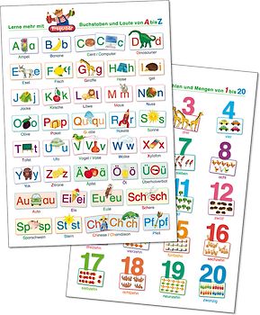 2 Fragenbär-Lernposter: Buchstaben und Laute von A bis Z + Zahlen und Mengen von 1 bis 20, L 70 x 100 cm. Gerollt, matt folienbeschichtet, abwischbar