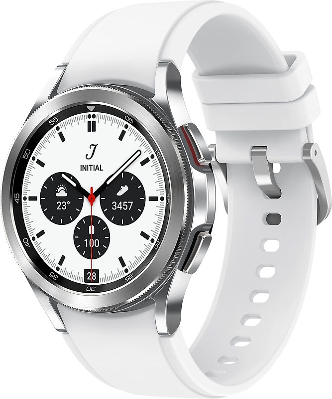 Samsung Galaxy Watch 4 Classic 42 mm Boîtier acier inoxydable argent Bracelet silicone blanc [Wi-Fi + 4G]