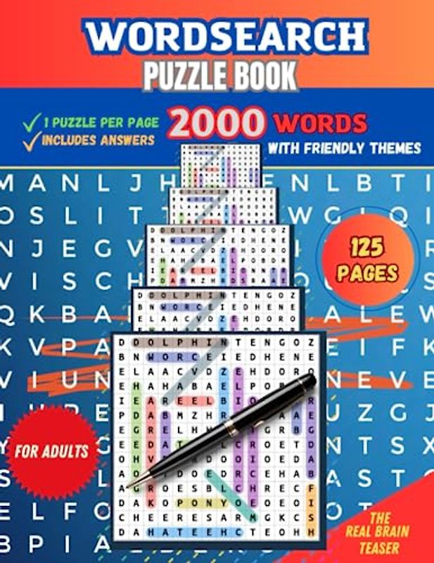 Wordsearch puzzle book for adults. 125 pages containing 2000 words with solutions. 1 puzzle per page with friendly themes. The real brain teaser that ... serve as a great gift to adults and seniors.