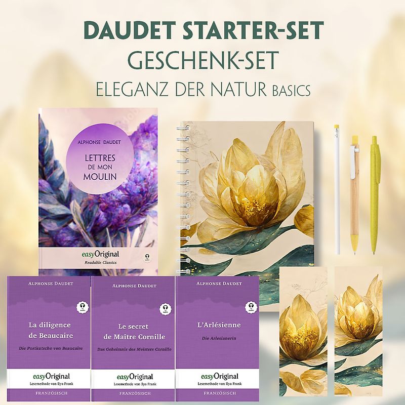 Alphonse Daudet Starter-Paket Geschenkset - 4 Bücher (mit Audio-Online) + Eleganz der Natur Schreibset Basics
