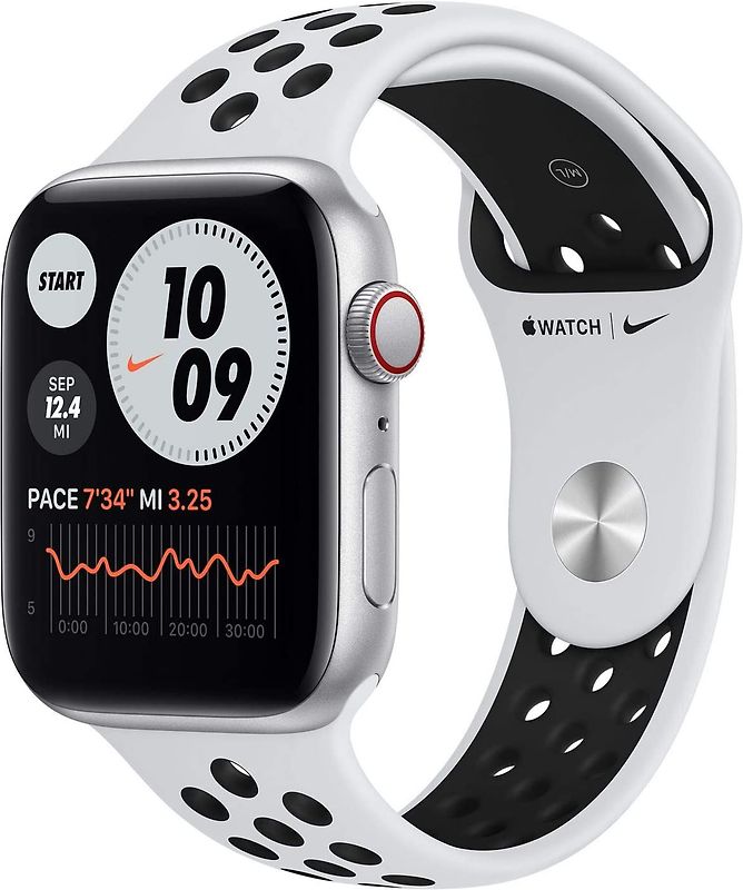 Apple Watch Nike SE 44 mm boîter aluminium argent et bracelet sport Nike pure platinum/noir [Wi-Fi + Cellulaire]