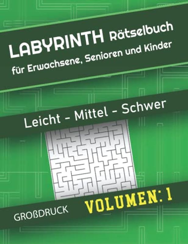 Labyrinth Rätselbuch Volumen 1: Großdruck Rätselbuch Labyrinth für Erwachsene, Senioren und Kinder, Viel Spaß mit 150 verschiedene Labyrinthe, 153 Seiten, 3 Niveaus (Leich – Mittel – Schwer)