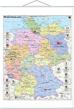 Deutschland politisch mit Wappen 1 : 700.000. Wandkarte mit Metallbeleistung