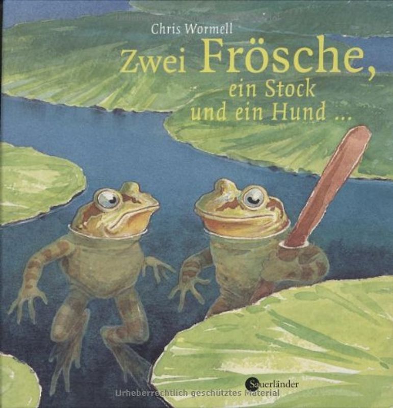 Zwei Frösche, ein Stock und ein Hund