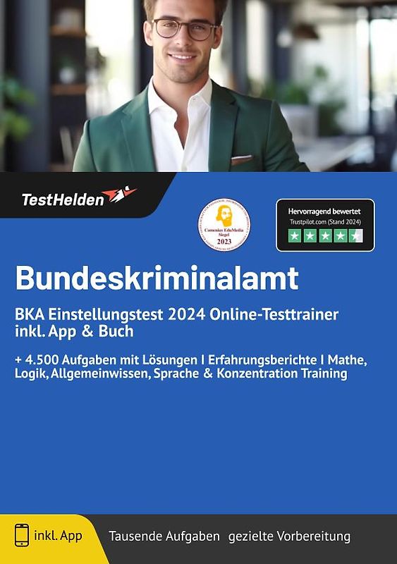 BKA Einstellungstest: Online-Testtrainer inkl. App & Buch | + 4.500 Aufgaben mit Lösungen I Erfahrungsberichte I Mathe, Logik, Allgemeinwissen, Sprache & Konzentration Training
