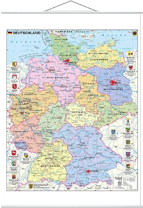 Deutschland politisch mit Wappen 1 : 700.000. Wandkarte mit Metallbeleistung