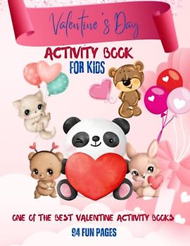 Valentine's day activity book for kids. 94 pages of fun activities like word search, dot markers and coloring pages.