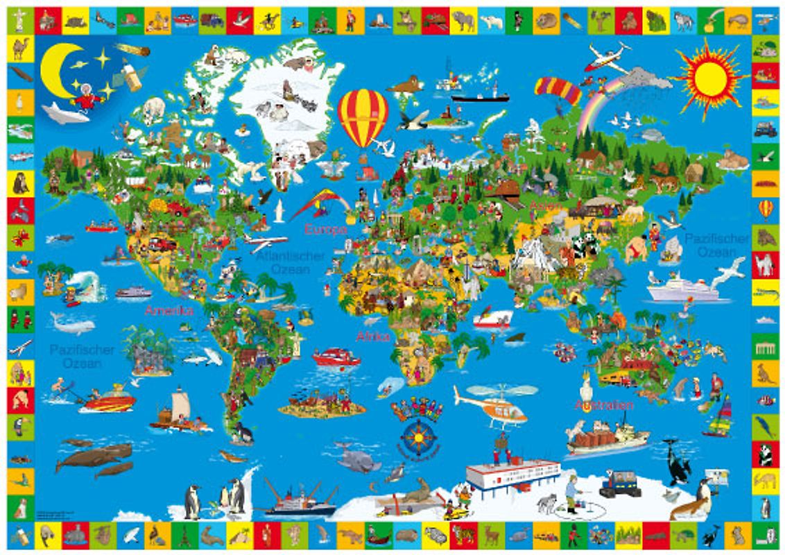 Deine bunte Erde. Plano gerollt in Hülse,Mehrfarbendruck, figürlicher Glanzlack, partieller Glitzerlack