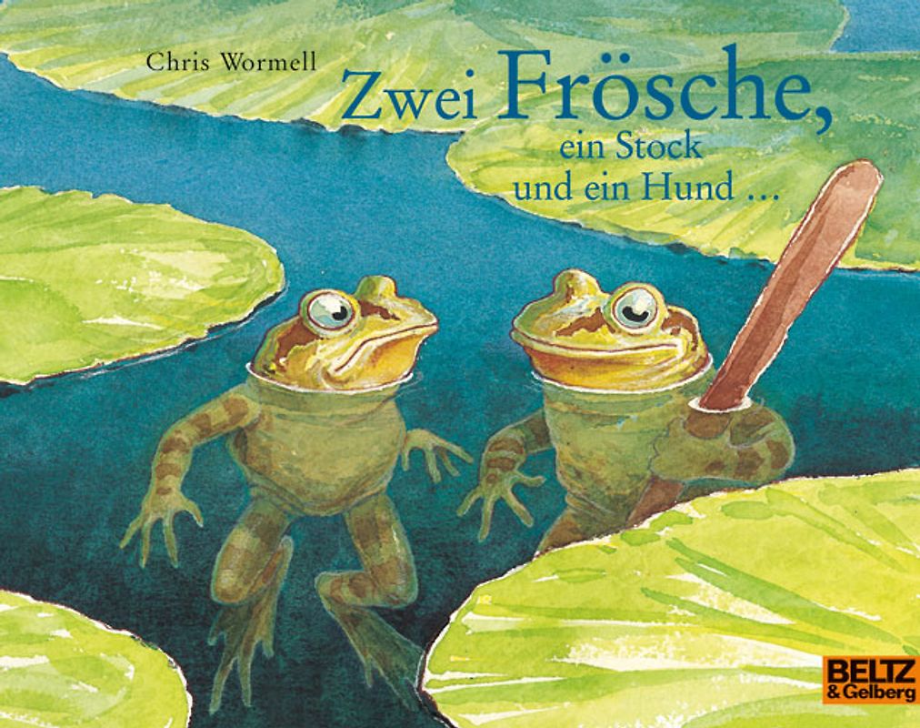 Zwei Frösche, ein Stock und ein Hund