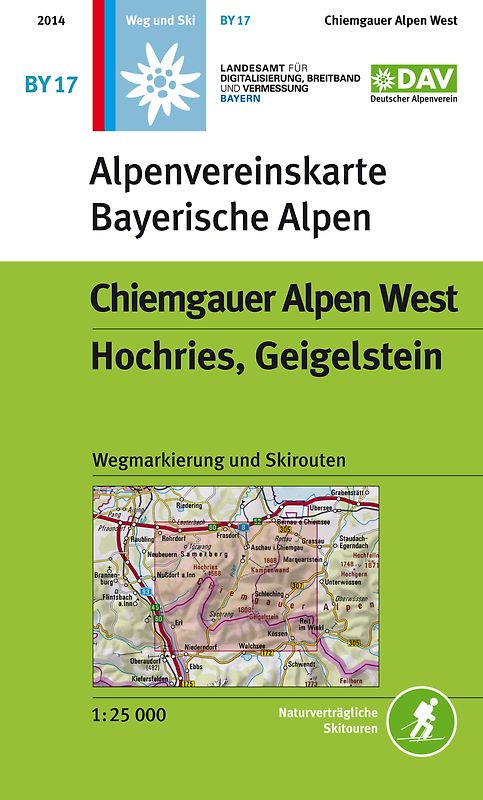 Chiemgauer Alpen, West, Hochries, Geigelstein. Topographische Karte 1:25.000 mit Wegmarkierungen und Skirouten