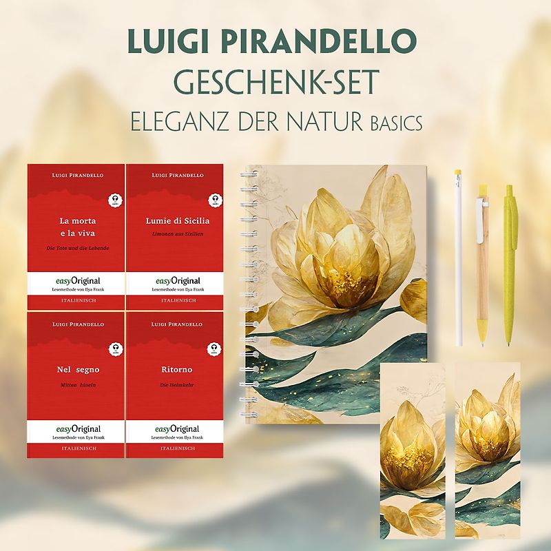 Luigi Pirandello Geschenkset - 4 Bücher (mit Audio-Online) + Eleganz der Natur Schreibset Basics