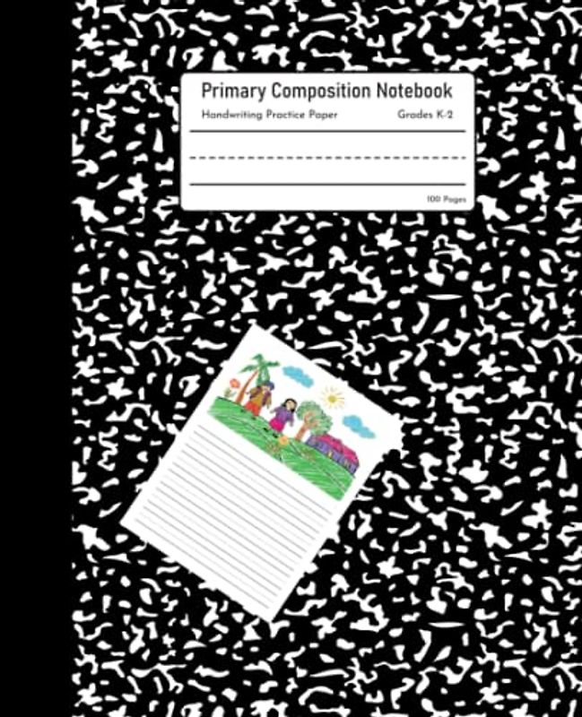 Primary Composition Notebook: Grades K-2 School Exercise Book, Black Marble, Handwriting Practice Paper (Dotted Midline and Picture Space)