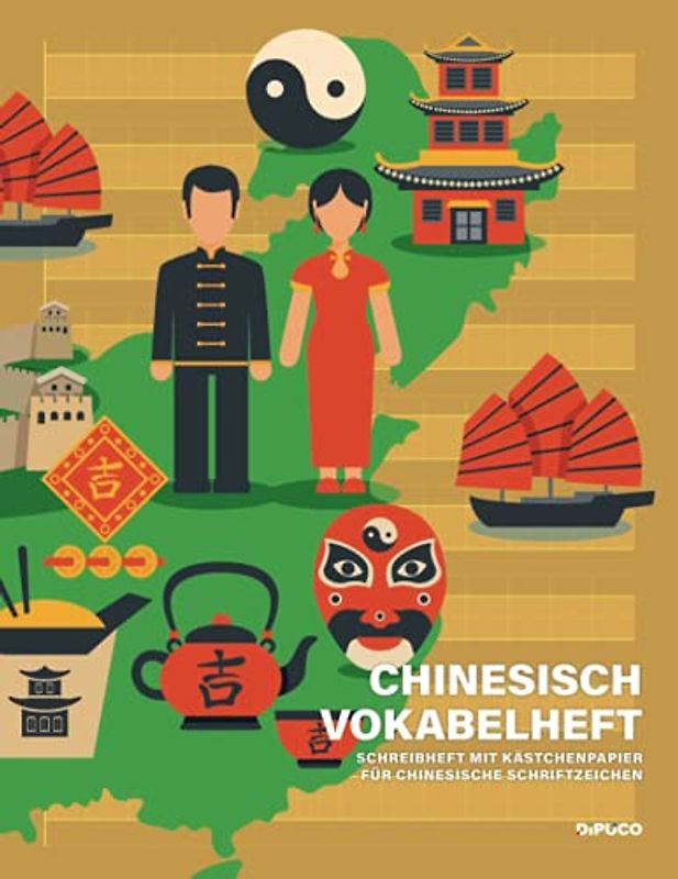 Chinesisch Vokabelheft: Schreibheft mit Kästchenpapier für chinesische Schriftzeichen; 120 Seiten mit Seitenzahlen; Zirka Din A4; Softcover "Landkarte"
