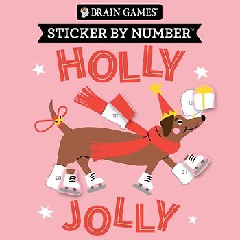 Brain Games - Sticker by Number Compact Edition: Holly Jolly 7x7 Inches Christmas Stocking Stuffer, Travel Size Activity Book for Adults & Kids 7+