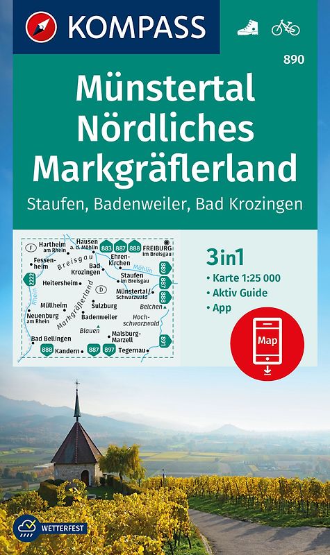 KOMPASS Wanderkarte 890 Münstertal, Nördliches Markgräflerland, Staufen, Badenweiler, Bad Krozingen 1:25.000