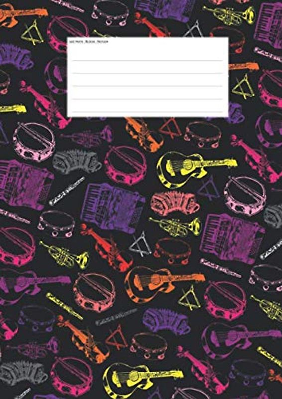 Hefte - Blöcke - Notizen: Notenheft DIN A4 Musikinstrumente bunter Mix Dark , 50 Seiten, 12 Systeme, DIN A4