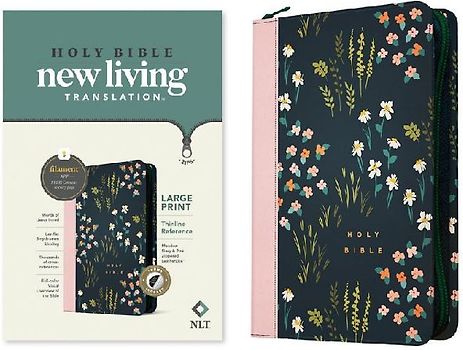 NLT Large Print Thinline Reference Zipper Bible, Filament Enabled (Leatherlike, Meadow Navy & Pink, Indexed, Red Letter)
