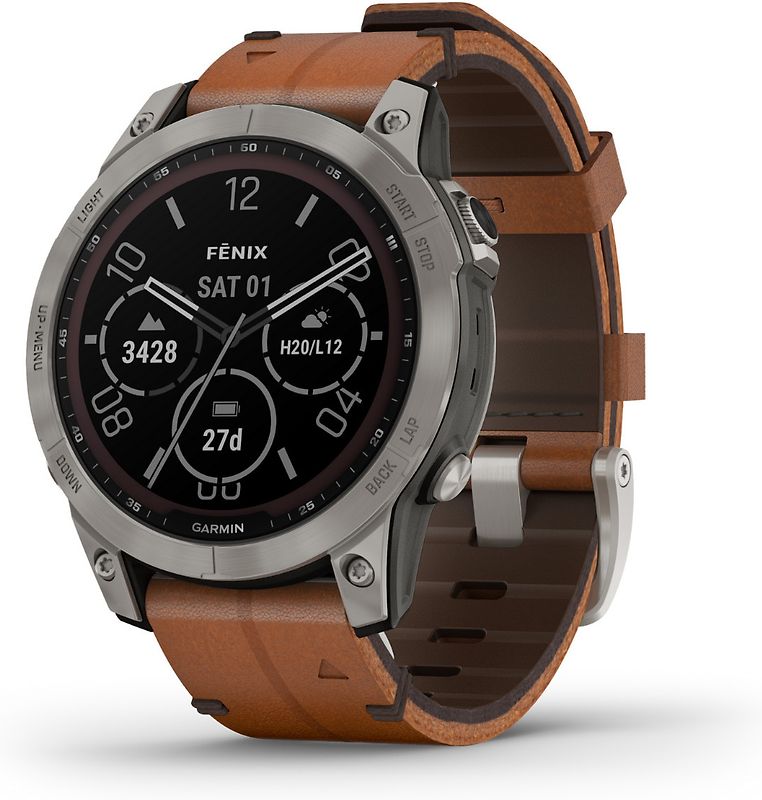Garmin Fenix 7 47 mm titan avec bracelet en cuir marron [Wi-Fi, Sapphire Solar Edition]