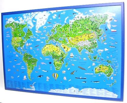 Kinderweltkarte auf Kork-Pinnwand. Deutsche Ausgabe