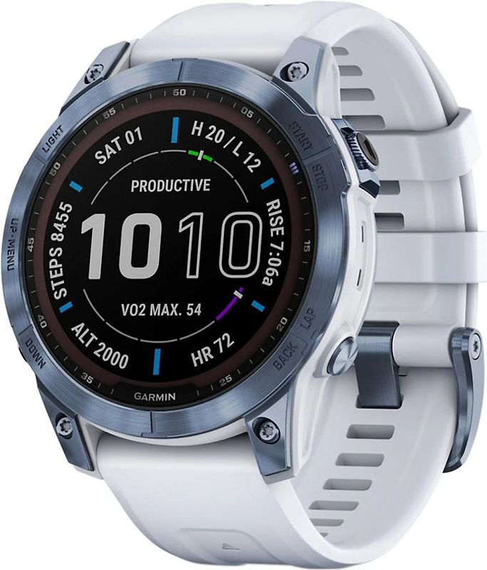 Garmin Fenix 7X 51 mm bleu avec bracelet en silicone blanc [Wi-Fi, Sapphire Solar Edition]