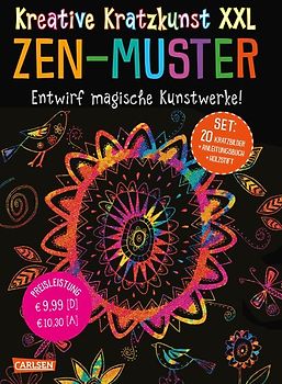 Kreative Kratzkunst XXL: ZEN-Muster: Set mit 20 Kratztafeln, Mappe, Anleitungsbuch und Holzstift