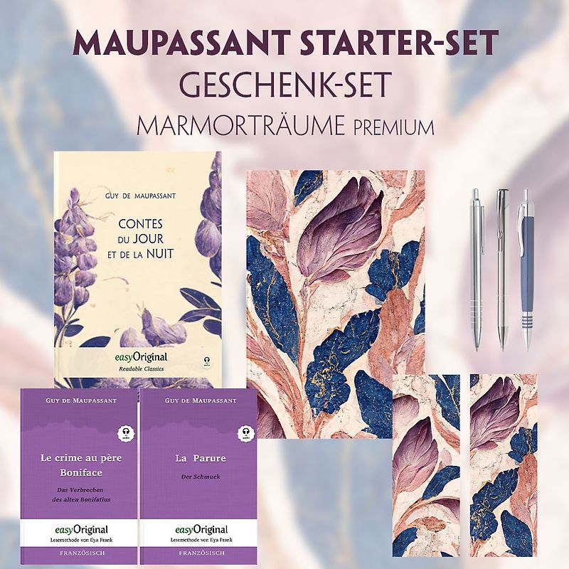 Guy de Maupassant Starter-Paket Geschenkset 3 Bücher (mit Audio-Online) + Marmorträume Schreibset Premium