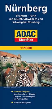 ADAC StadtPlan Nürnberg, Erlangen, Fürth mit Feucht, Schwabach und Schweig bei. Nürnberg 1:20 000