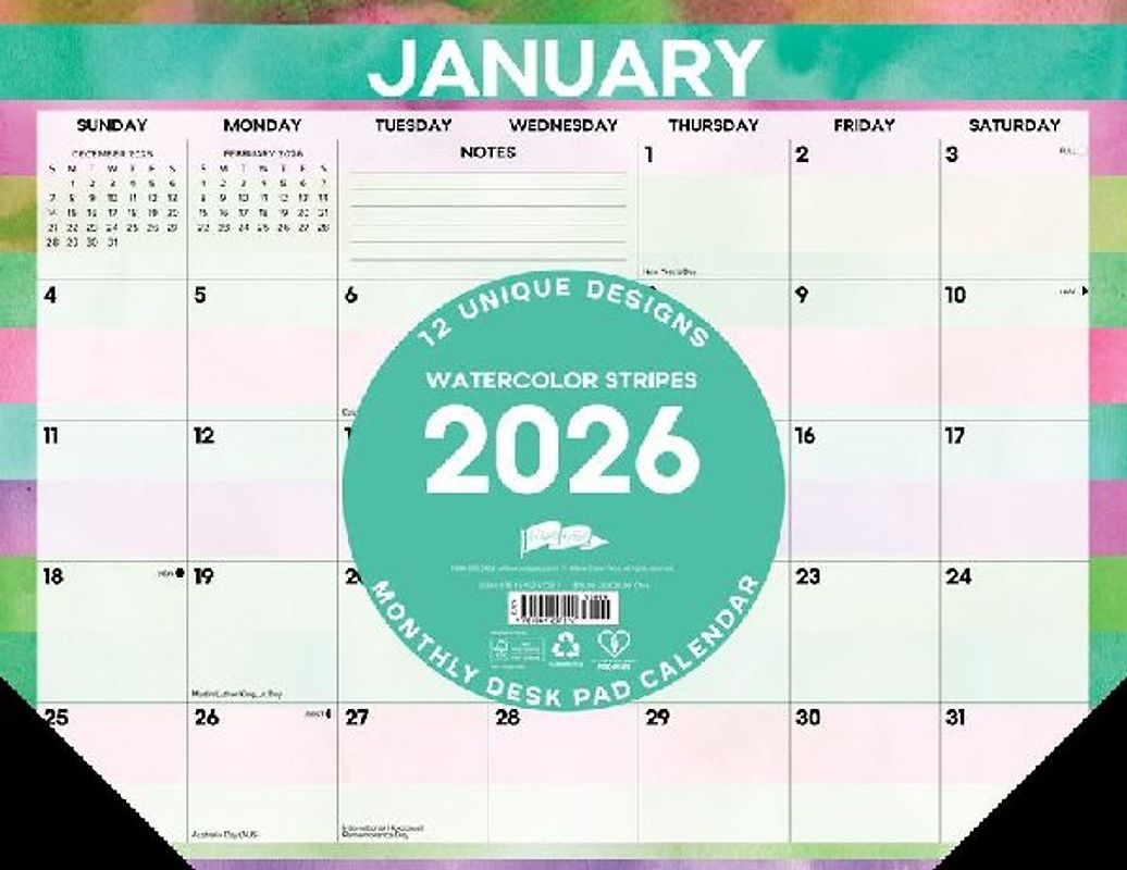 Watercolor Stripes 2026 22 X 17 Large Monthly Deskpad