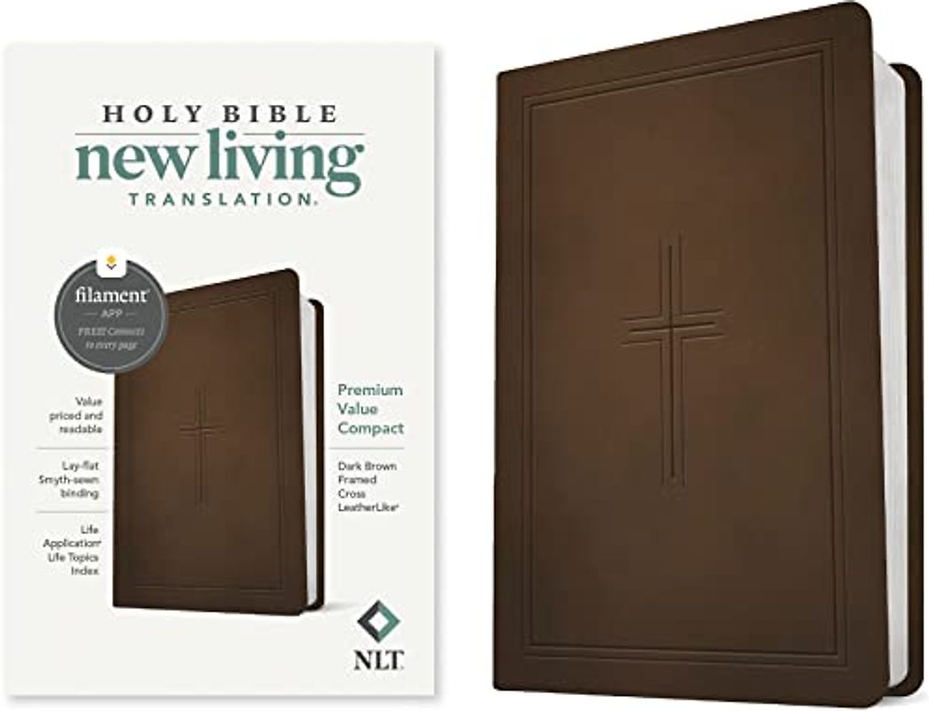 NLT Premium Value Compact Bible, Filament Enabled (Leatherlike, Dark Brown Framed Cross)