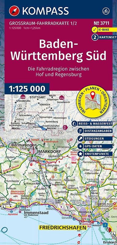 KOMPASS Großraum Fahrradkarte 3711 Baden-Württemberg Süd, die Fahrradregion vom Bodensee über das Allgäu bis zum Schwarzwald und der Schwäbischen Alb; mit Knotenpunkten 1:125.000
