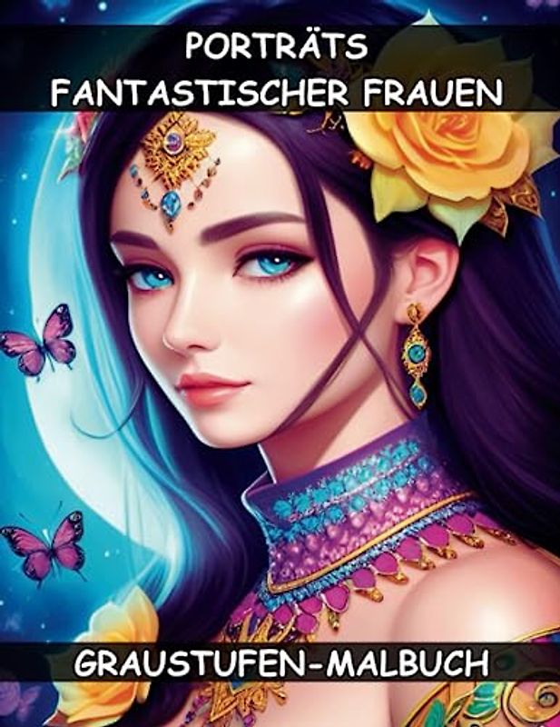 Porträts Fantastischer Frauen Graustufen-Malbuch: 50 Malvorlagen mit Wunderschönen Porträts von Mädchen mit Blumen und Schmetterlingen für Erwachsene, zum Stressabbau und zur Entspannung