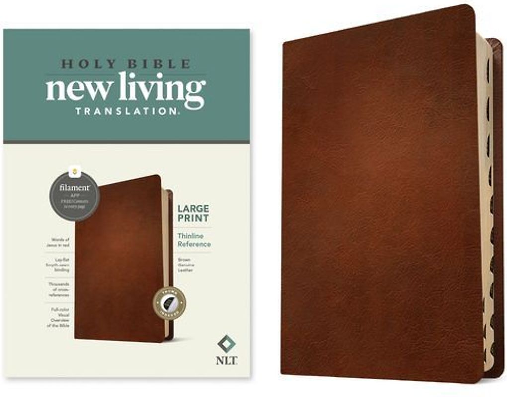 NLT Large Print Thinline Reference Bible, Filament Enabled (Genuine Leather, Brown, Indexed, Red Letter)