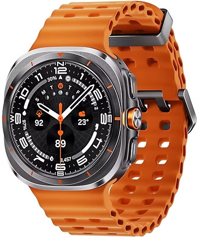 Samsung Galaxy Watch Ultra 47 mm Boîtier en titane couleur gris titane avec bracelet Sport Extrême orange [Wi-Fi + Cellulaire]