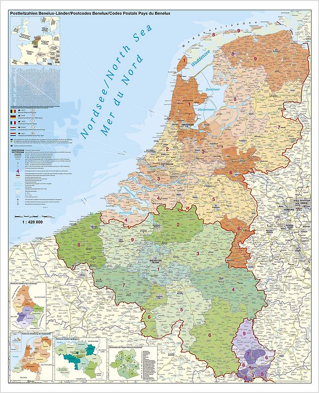 Benelux-Länder Postleitzahlen. Wandkarte / Poster