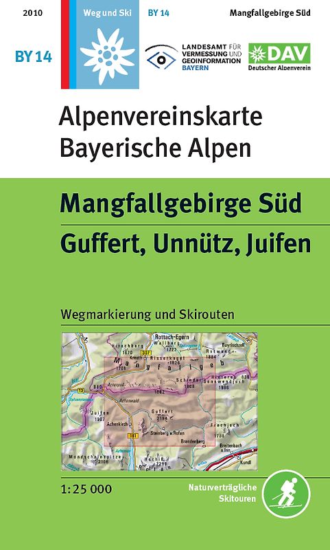 Mangfallgebirge Süd - Guffert, Unnütz, Juifen. Wegmarkierungen und Skirouten - Topographische Karte 1:25000