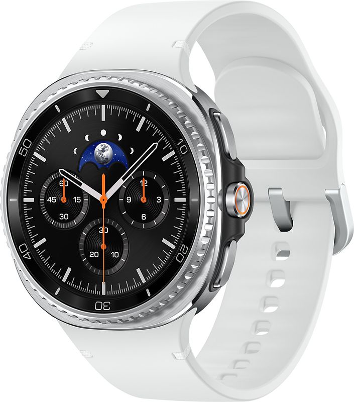 Samsung Galaxy Watch8 Classic 46 mm Boîtier aluminium noir sur Sport en silicone S/M blanc [Wi-Fi + 4G]