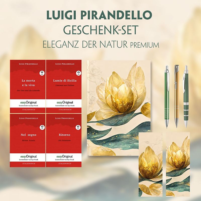 Luigi Pirandello Geschenkset - 4 Bücher (mit Audio-Online) + Eleganz der Natur Schreibset Premium