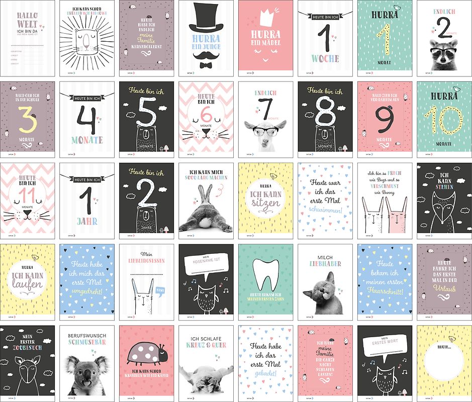 40 Baby Meilenstein-Karten für das 1. Lebensjahr für Mädchen und Junge. Baby Milestone Cards deutsch, zur Erinnerung der Entwicklung der ersten Monate. Geschenk-Set inkl. Box zur Aufbewahrung. Geschenkidee zur Geburt, Schwangerschaft, Taufe oder Baby Show