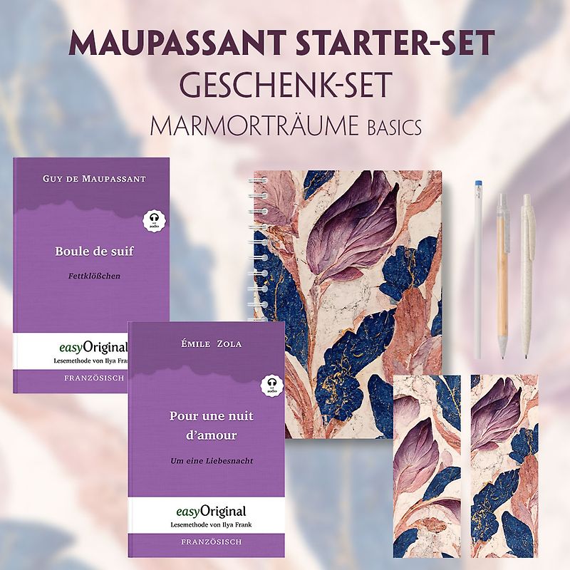 Guy de Maupassant Starter-Paket Geschenkset 3 Bücher (mit Audio-Online) + Marmorträume Schreibset Basics
