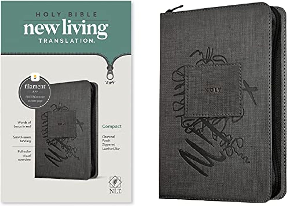 NLT Compact Zipper Bible, Filament Enabled (Leatherlike, Charcoal Patch, Red Letter)