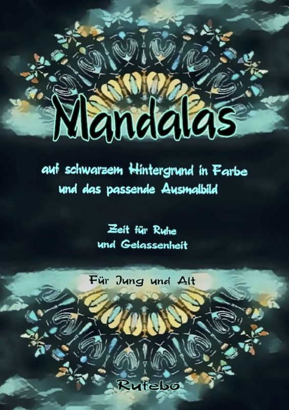 Mandalas auf schwarzem Hintergrund in Farbe und das passende Ausmalbild