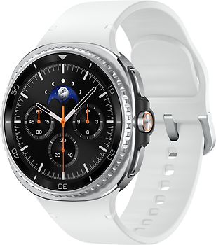 Samsung Galaxy Watch8 Classic 46 mm Boîtier aluminium noir sur Sport en silicone S/M blanc [Wi-Fi + 4G]