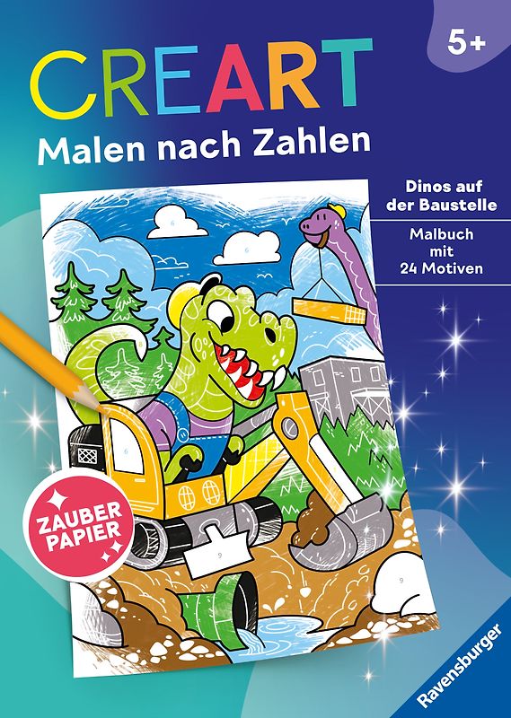 CreArt Malen nach Zahlen ab 5 - Zauberpapier: Dinos auf der Baustelle