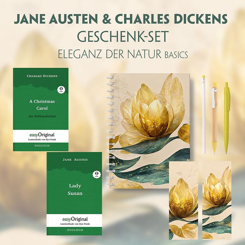 Jane Austen & Charles Dickens Geschenkset - 2 Bücher (Hardcover+ Audio-Online) + Eleganz der Natur Schreibset Basics