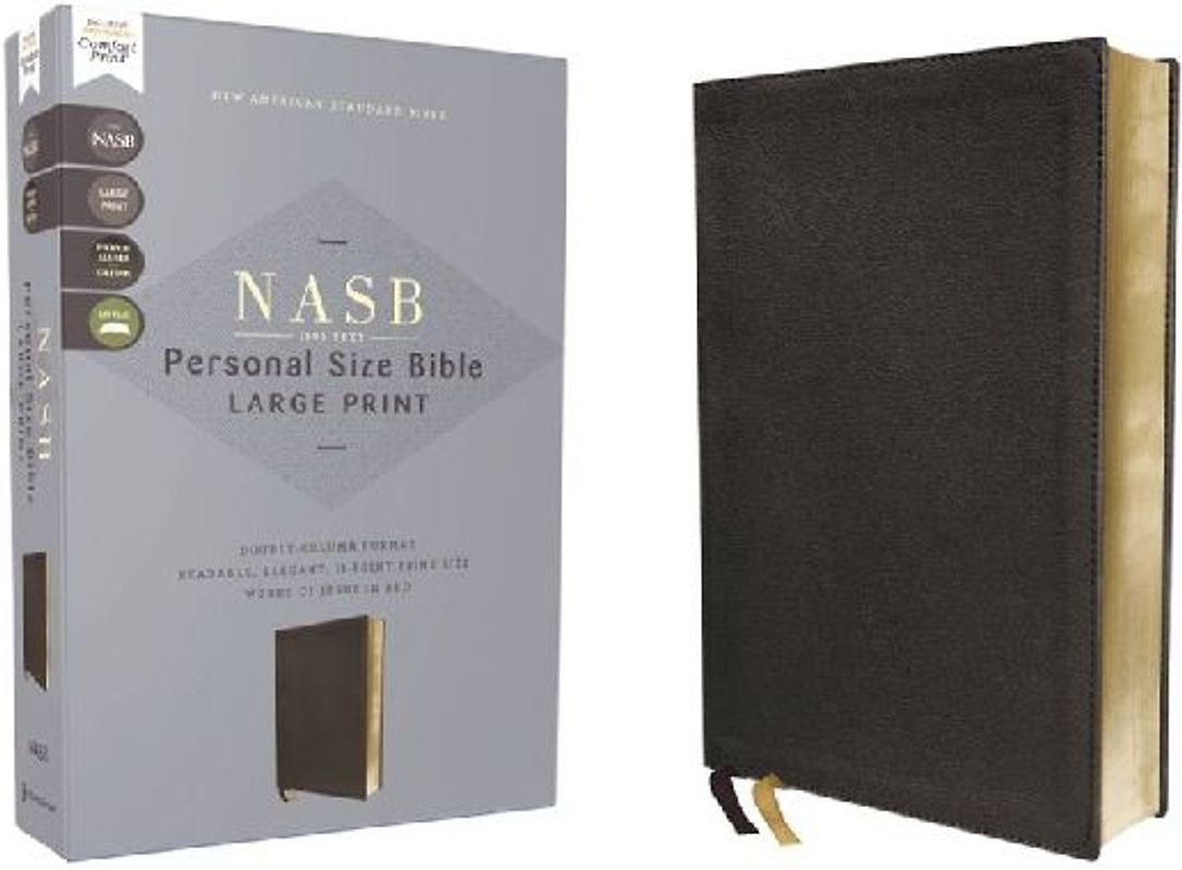 NASB, Personal Size Bible, Large Print, Genuine Leather, Calfskin, Black, Red Letter, 1995 Text, Comfort Print