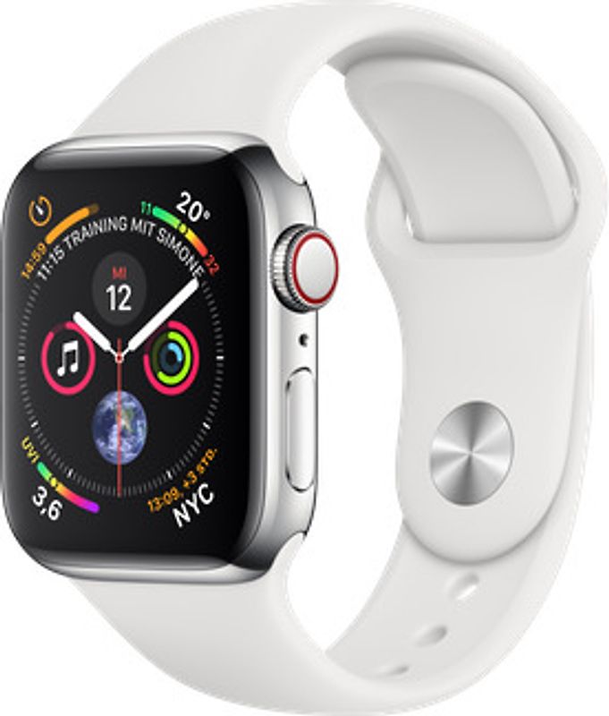 Apple Watch Series 4 40 mm boîtier en acier inoxydable argent avec Bracelet Sport blanc [Wifi+ Cellular]