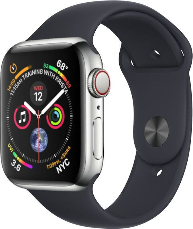 Apple Watch Series 4 44 mm boîtier en acier inoxydable argent avec Bracelet Sport nero [Wifi+ Cellular]
